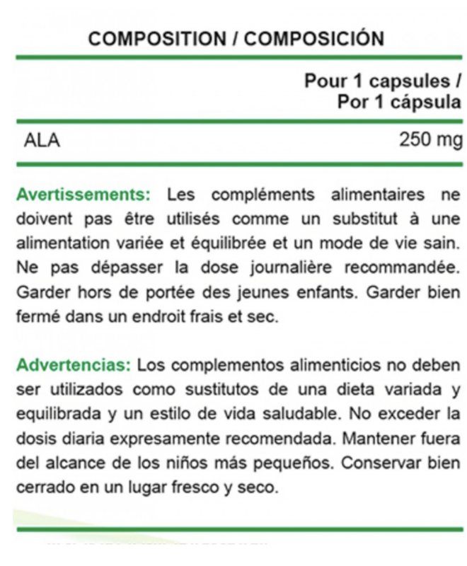 composición R-ALA - Ácido Alfa Lipoico 60 Caps