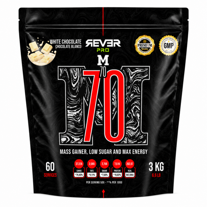 Mass Gainer M70 Chocolate Blanco con creatina añadida ganador de masa muscular low sugar 3 kg